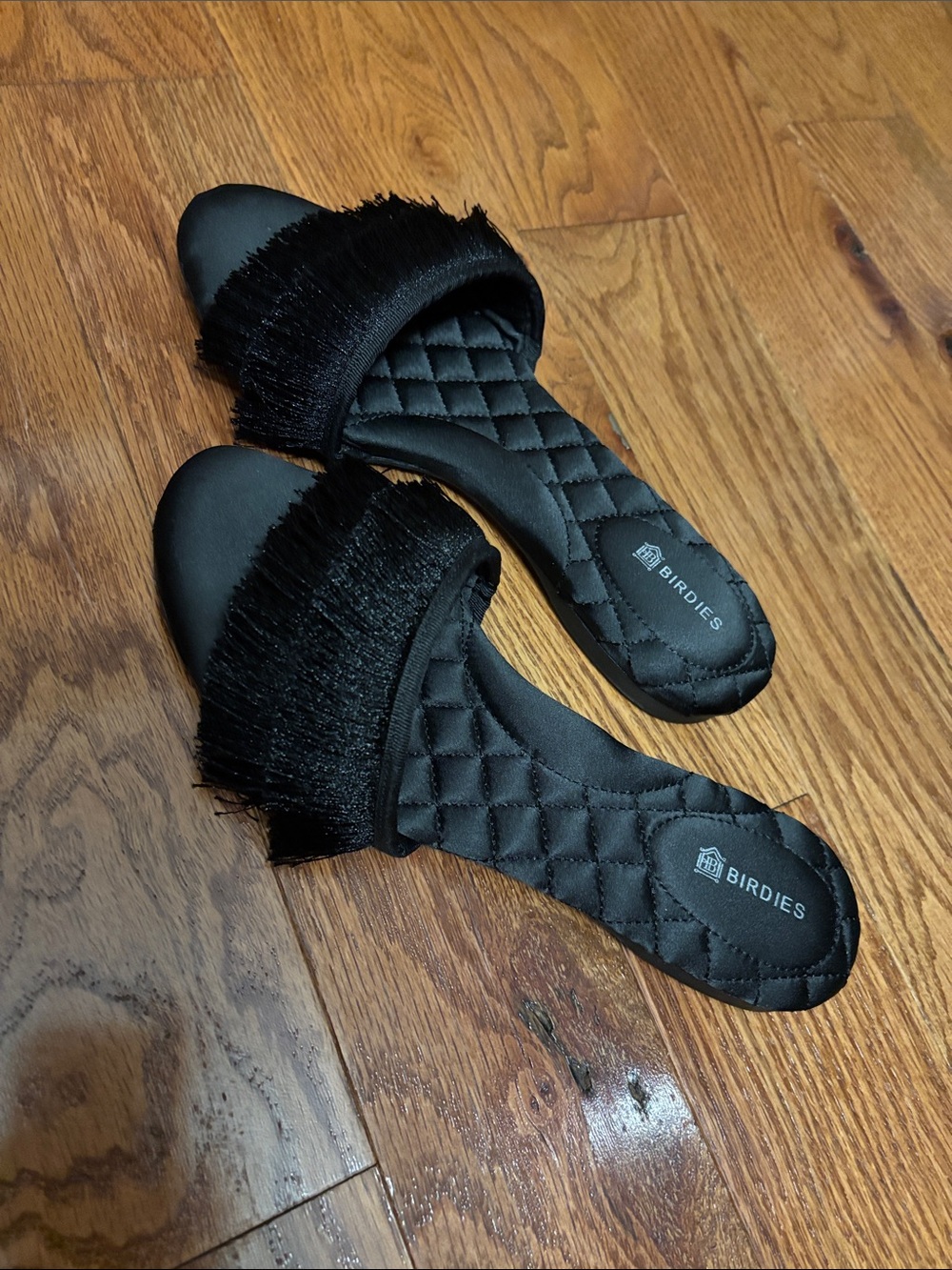 Birdies Black Fringe Slide Slippers